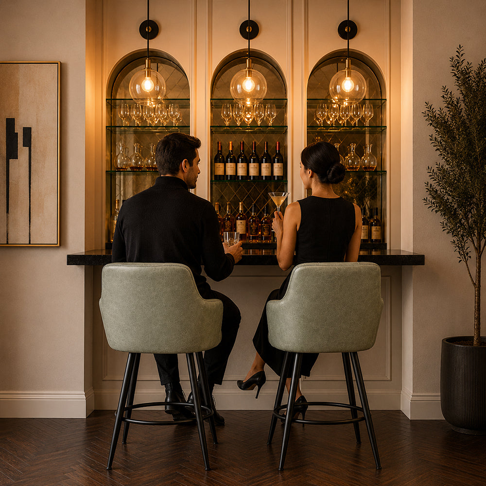 Kaelis Sage Faux Leather Tufted Counter Height Bar Stool with Black Metal Legs