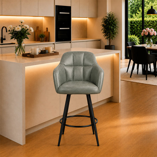 Kaelis Sage Faux Leather Tufted Counter Height Bar Stool with Black Metal Legs