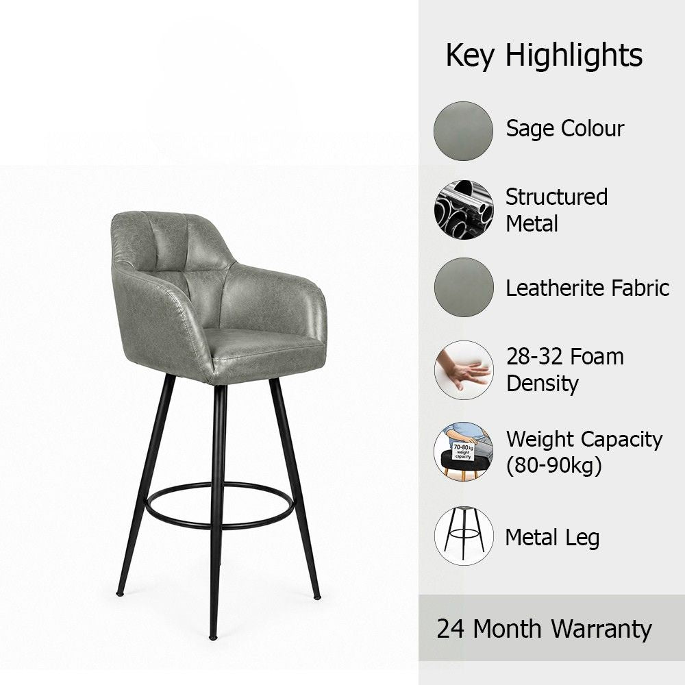 Kaelis Sage Faux Leather Tufted Counter Height Bar Stool with Black Metal Legs