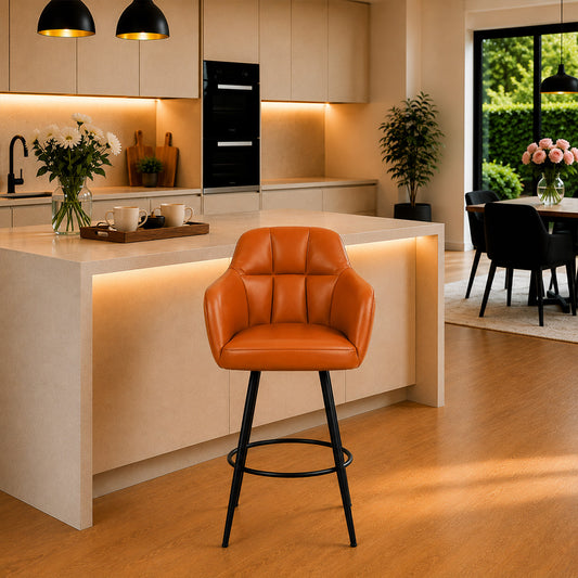 Kaelis Tan Faux Leather Tufted Counter Height Bar Stool with Black Metal Legs
