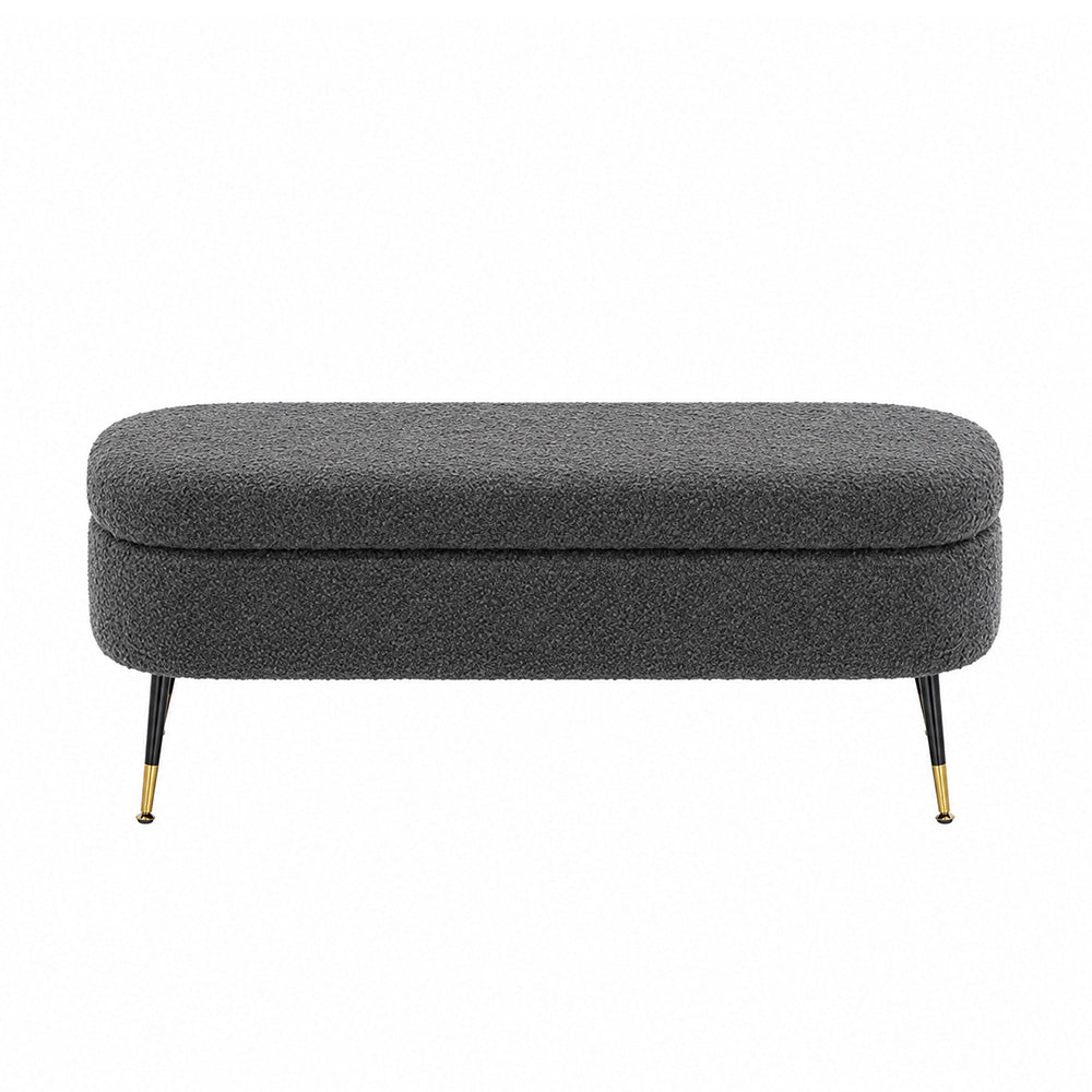 Grey Boucle Storage Bench with Gold-Tipped Legs