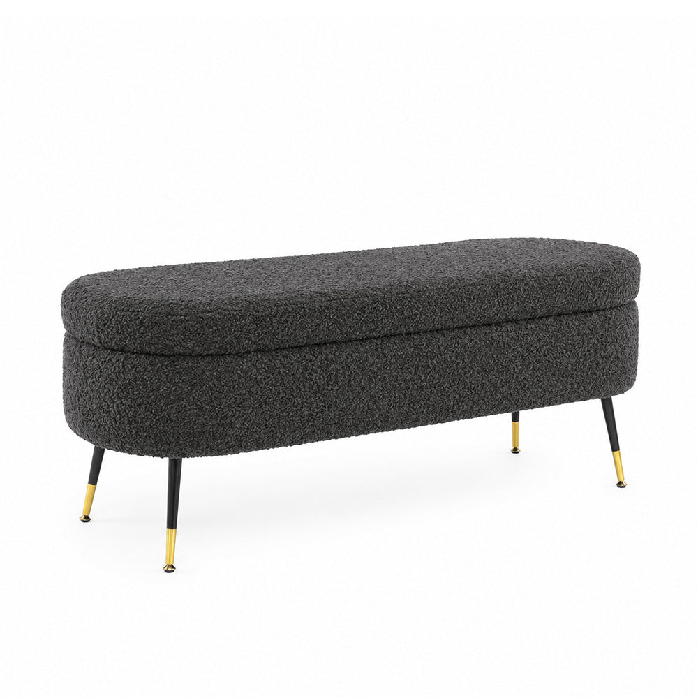 Grey Boucle Storage Bench with Gold-Tipped Legs