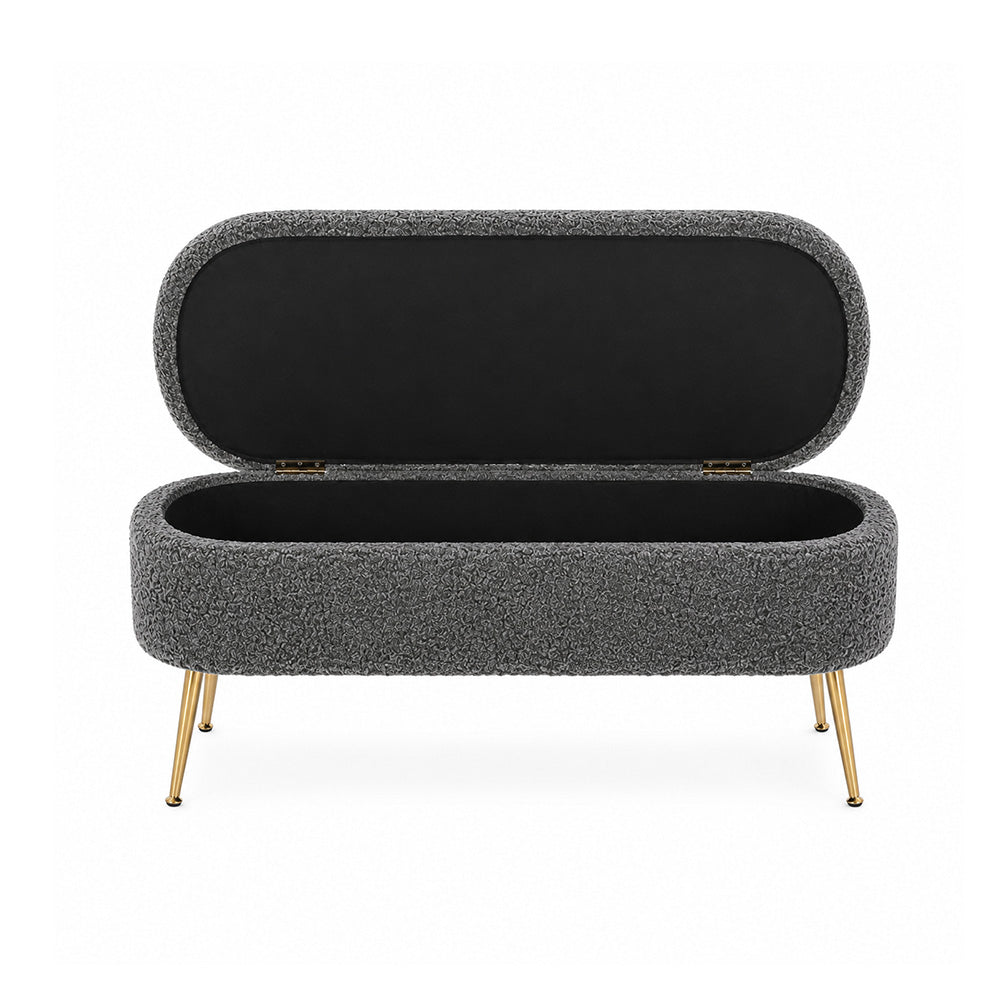 Grey Boucle Storage Bench with Gold-Tipped Legs