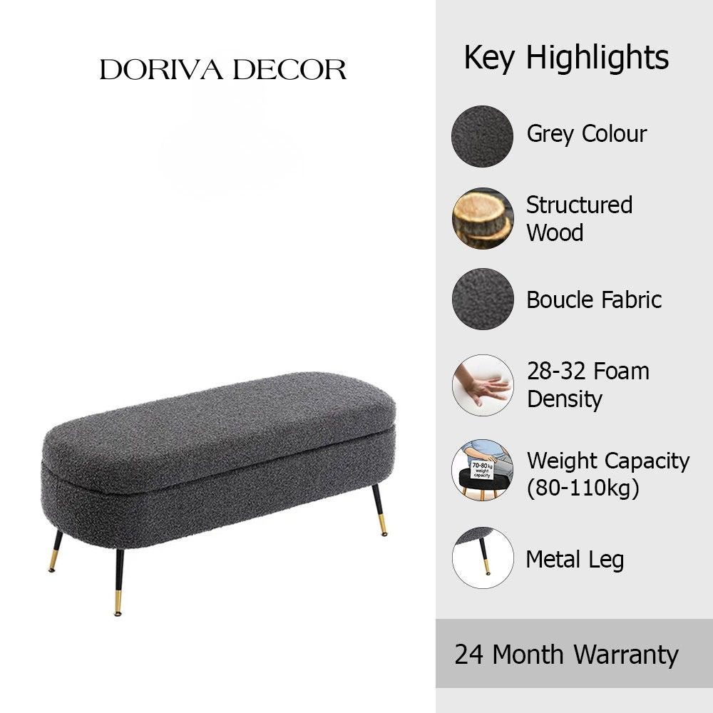 Grey Boucle Storage Bench with Gold-Tipped Legs
