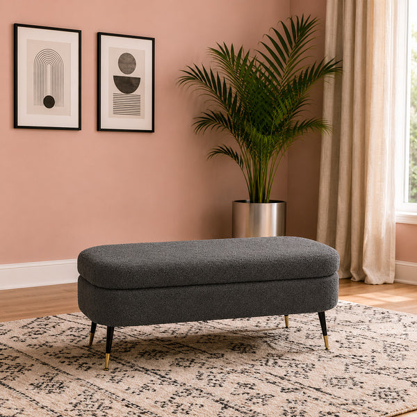 Grey Boucle Storage Bench with Gold-Tipped Legs