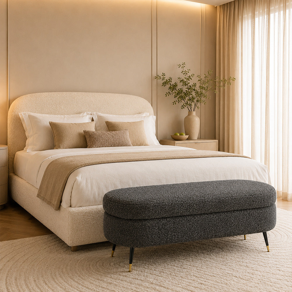 Grey Boucle Storage Bench with Gold-Tipped Legs