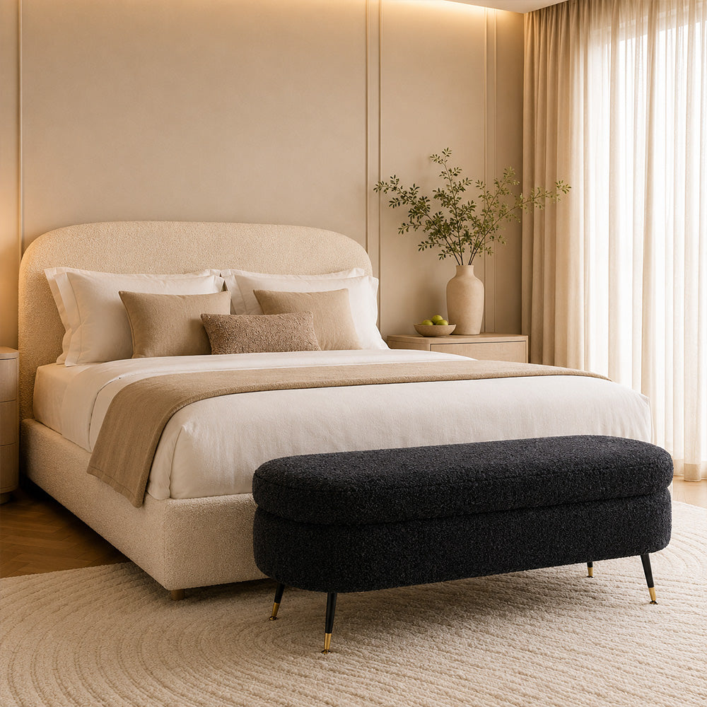 Black Boucle Storage Bench with Gold-Tipped Legs