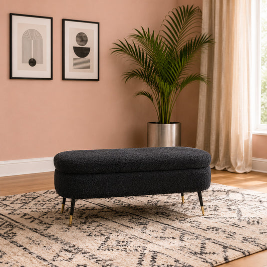 Black Boucle Storage Bench with Gold-Tipped Legs