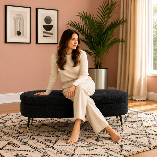 Black Boucle Storage Bench with Gold-Tipped Legs
