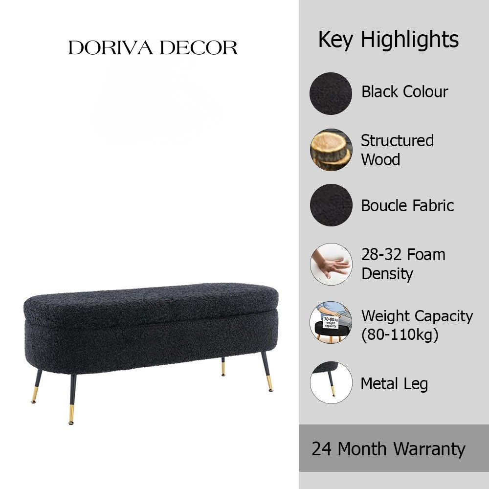 Black Boucle Storage Bench with Gold-Tipped Legs