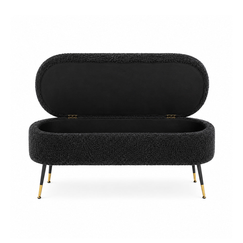 Black Boucle Storage Bench with Gold-Tipped Legs