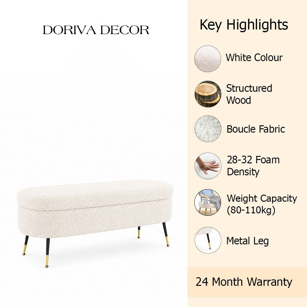 White Boucle Storage Bench with Gold-Tipped Legs