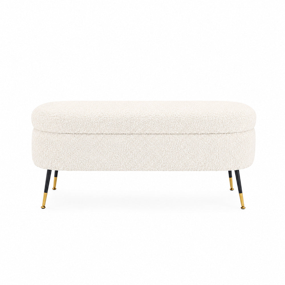 White Boucle Storage Bench with Gold-Tipped Legs