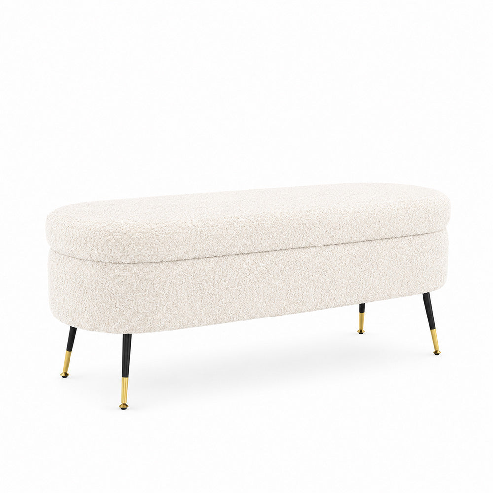 White Boucle Storage Bench with Gold-Tipped Legs