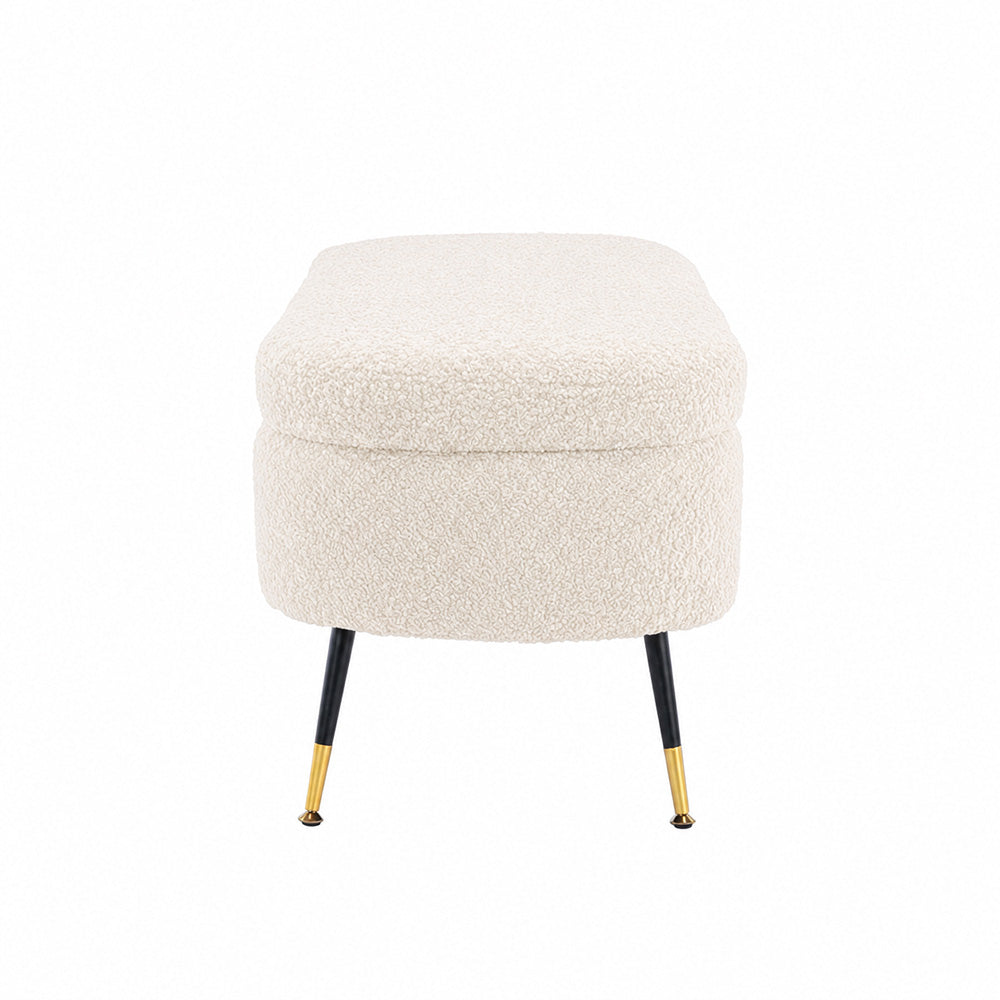 White Boucle Storage Bench with Gold-Tipped Legs