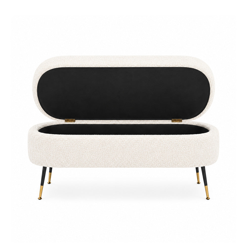 White Boucle Storage Bench with Gold-Tipped Legs