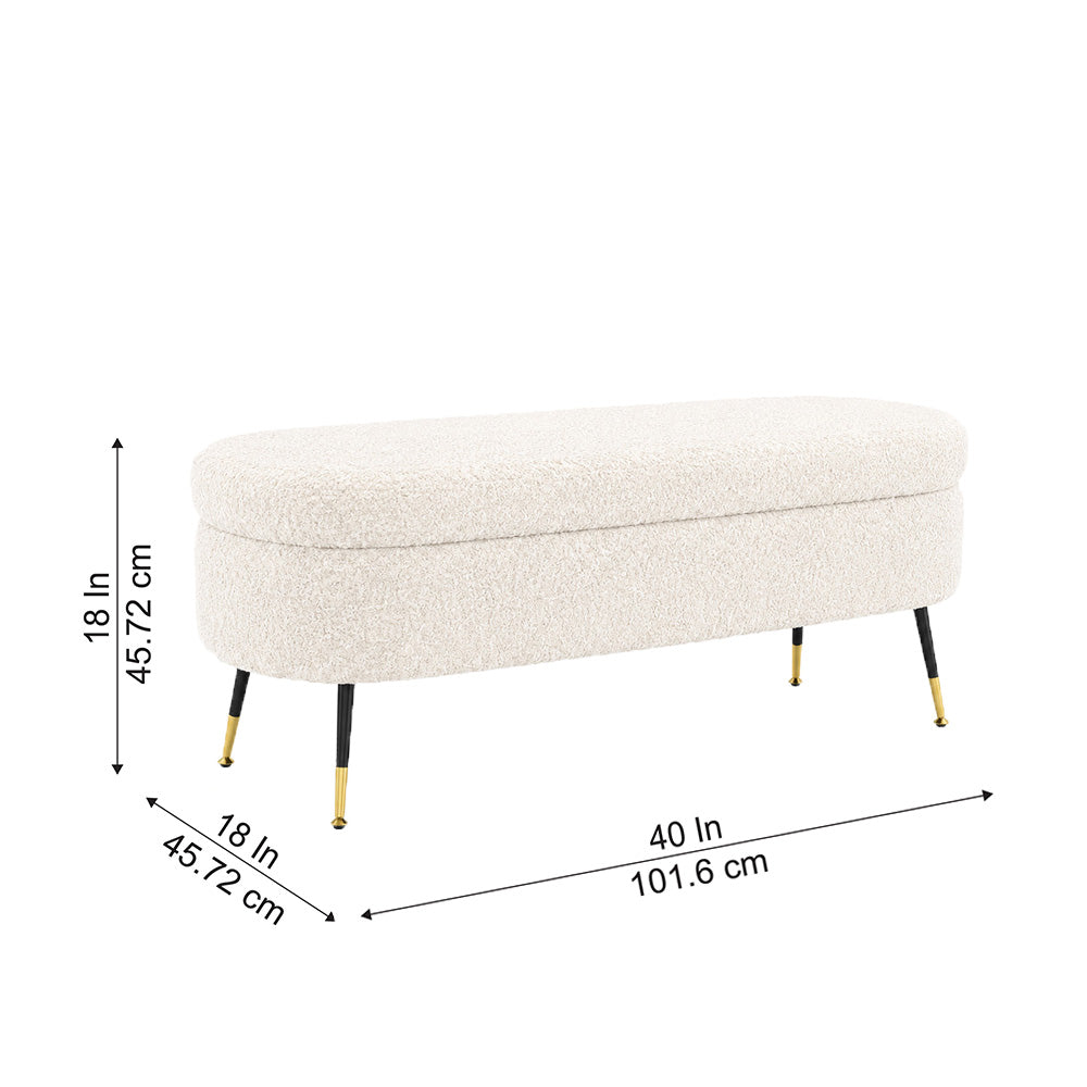 White Boucle Storage Bench with Gold-Tipped Legs