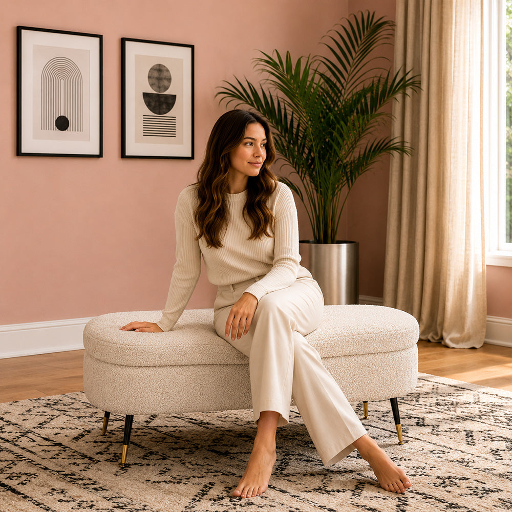 White Boucle Storage Bench with Gold-Tipped Legs