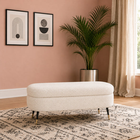 White Boucle Storage Bench with Gold-Tipped Legs