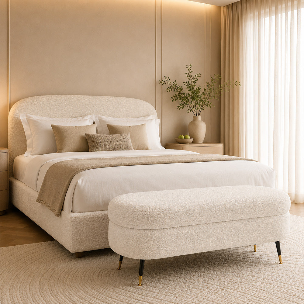 White Boucle Storage Bench with Gold-Tipped Legs
