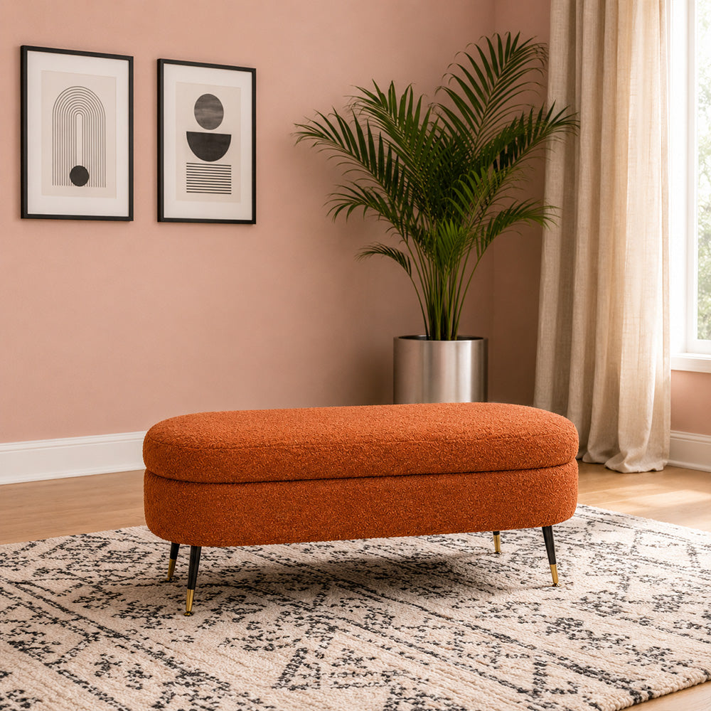 Rust Boucle Storage Bench with Gold-Tipped Legs
