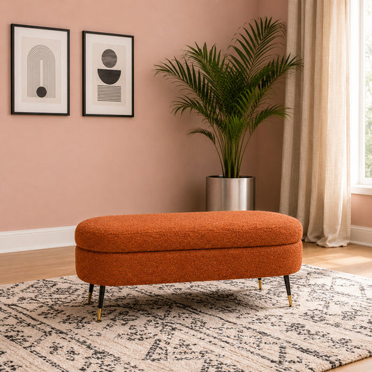 Rust Boucle Storage Bench with Gold-Tipped Legs