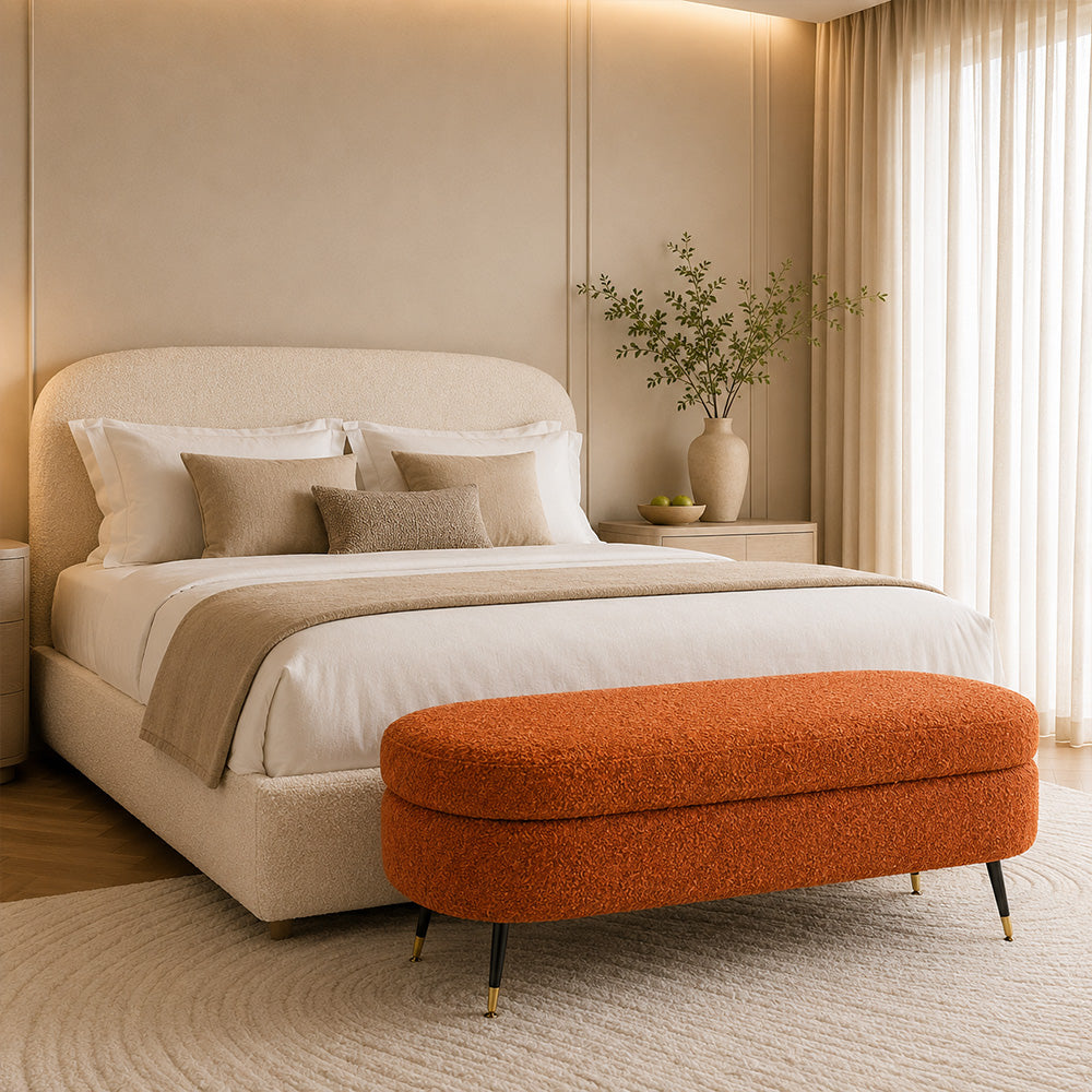 Rust Boucle Storage Bench with Gold-Tipped Legs
