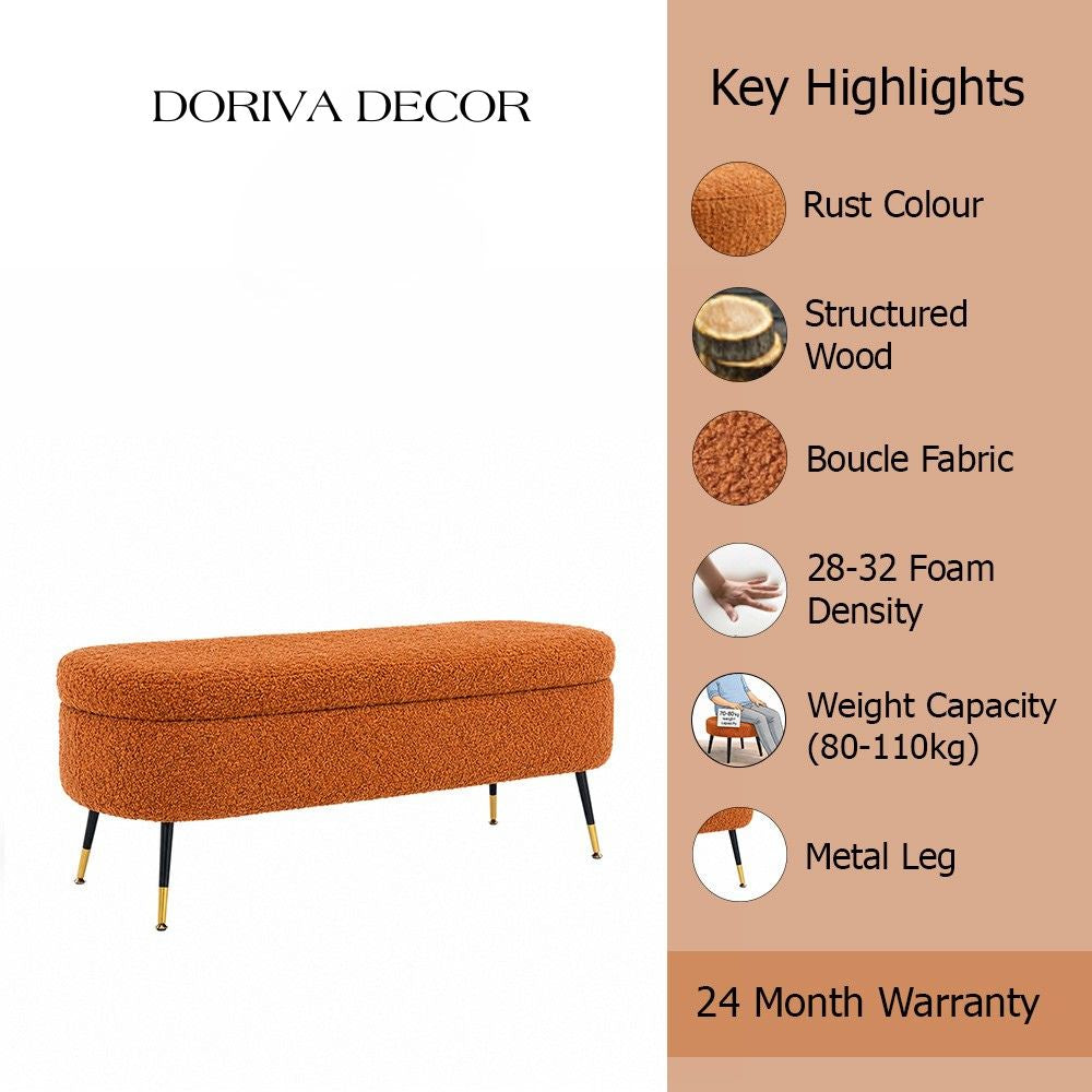 Rust Boucle Storage Bench with Gold-Tipped Legs