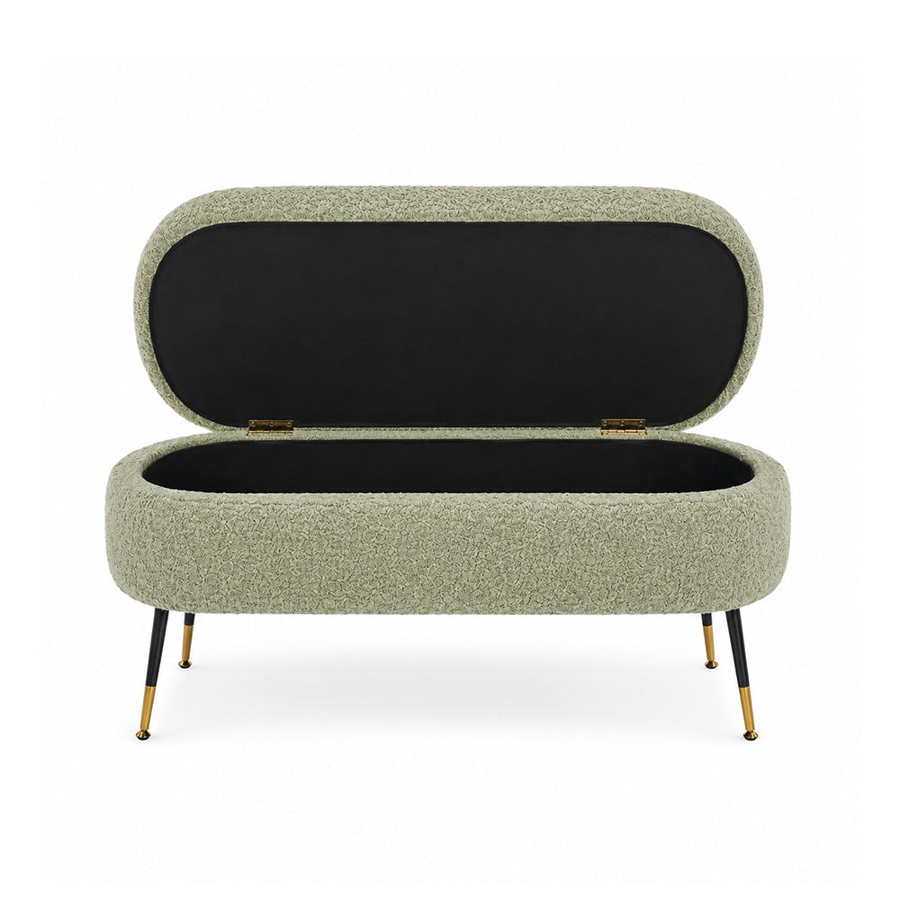 Sage Boucle Storage Bench with Gold-Tipped Legs