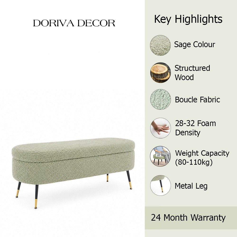 Sage Boucle Storage Bench with Gold-Tipped Legs