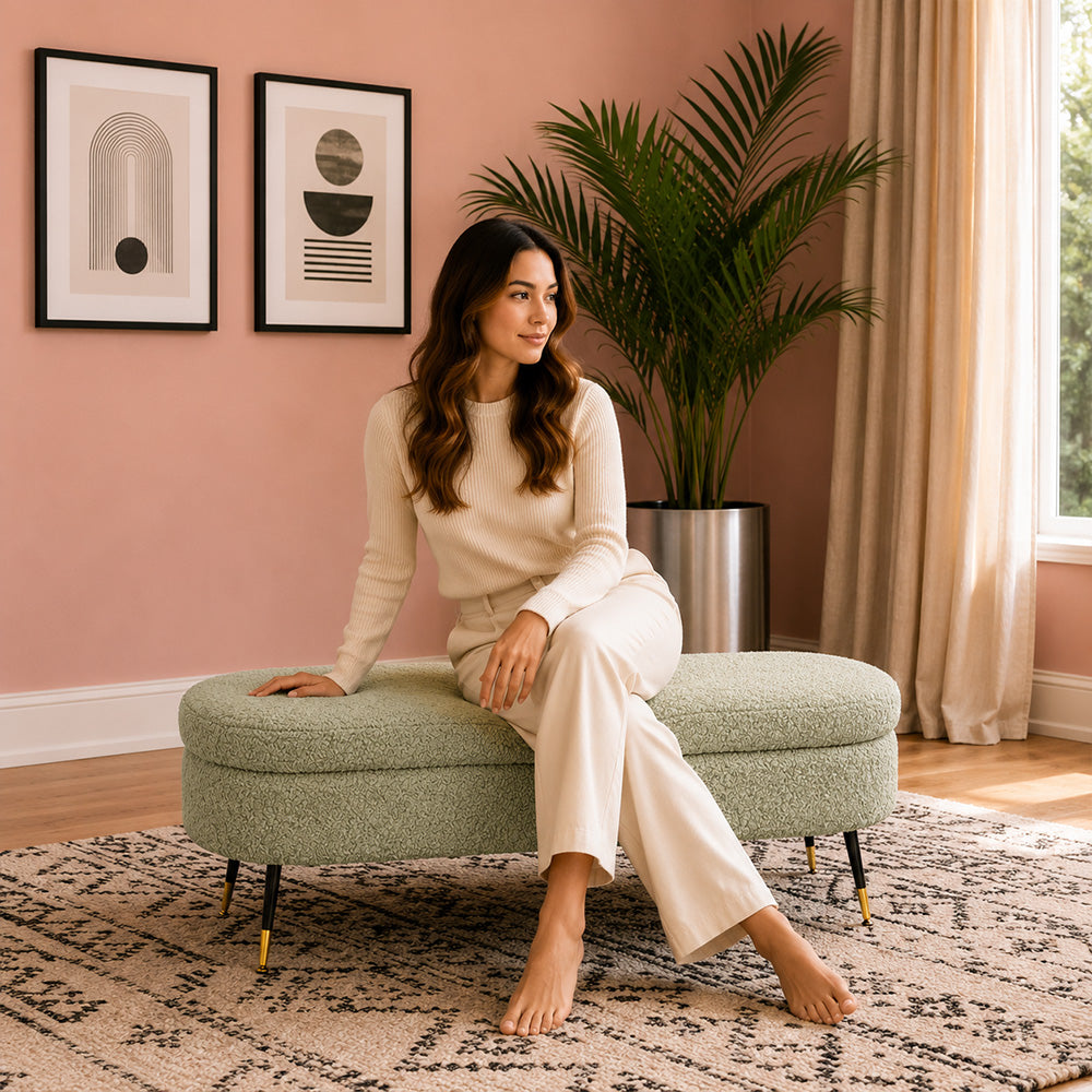 Sage Boucle Storage Bench with Gold-Tipped Legs