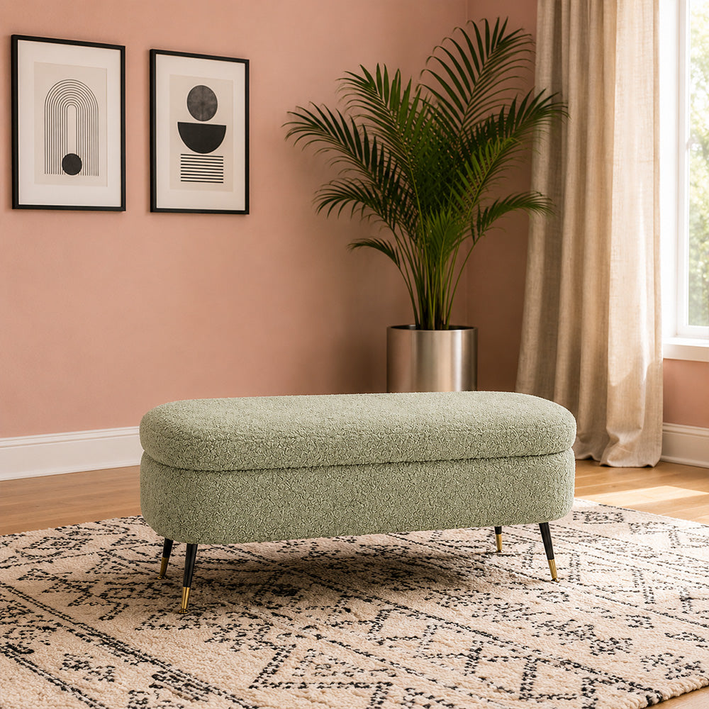Sage Boucle Storage Bench with Gold-Tipped Legs