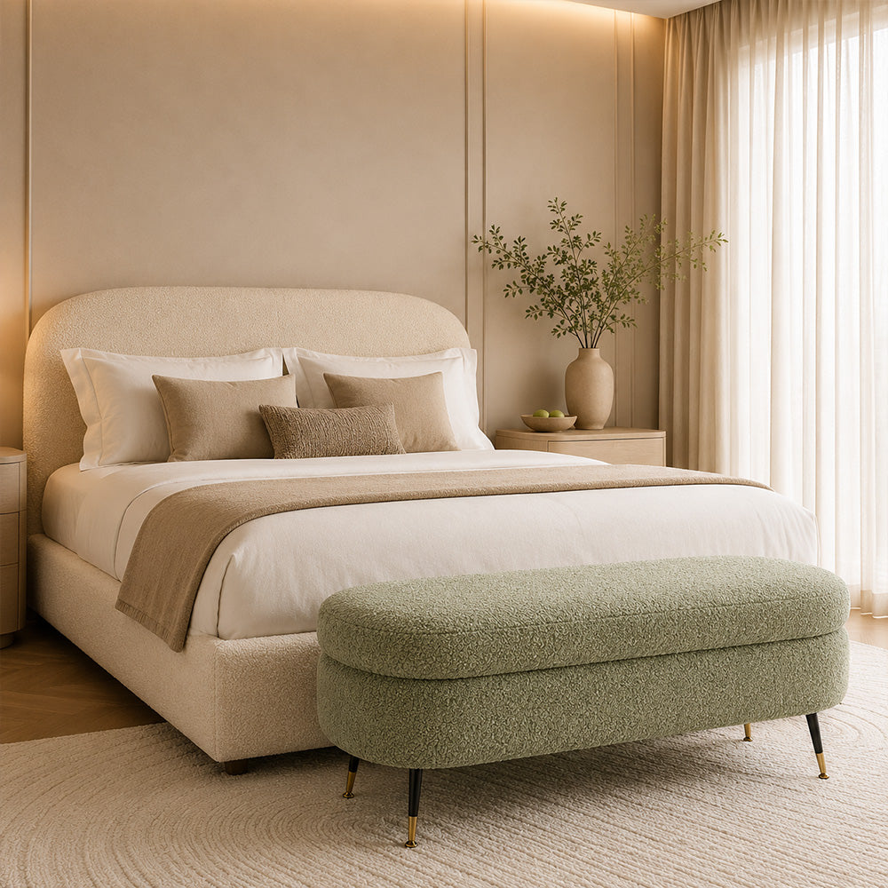 Sage Boucle Storage Bench with Gold-Tipped Legs