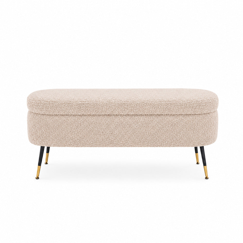 Beige Boucle Storage Bench with Gold-Tipped Legs