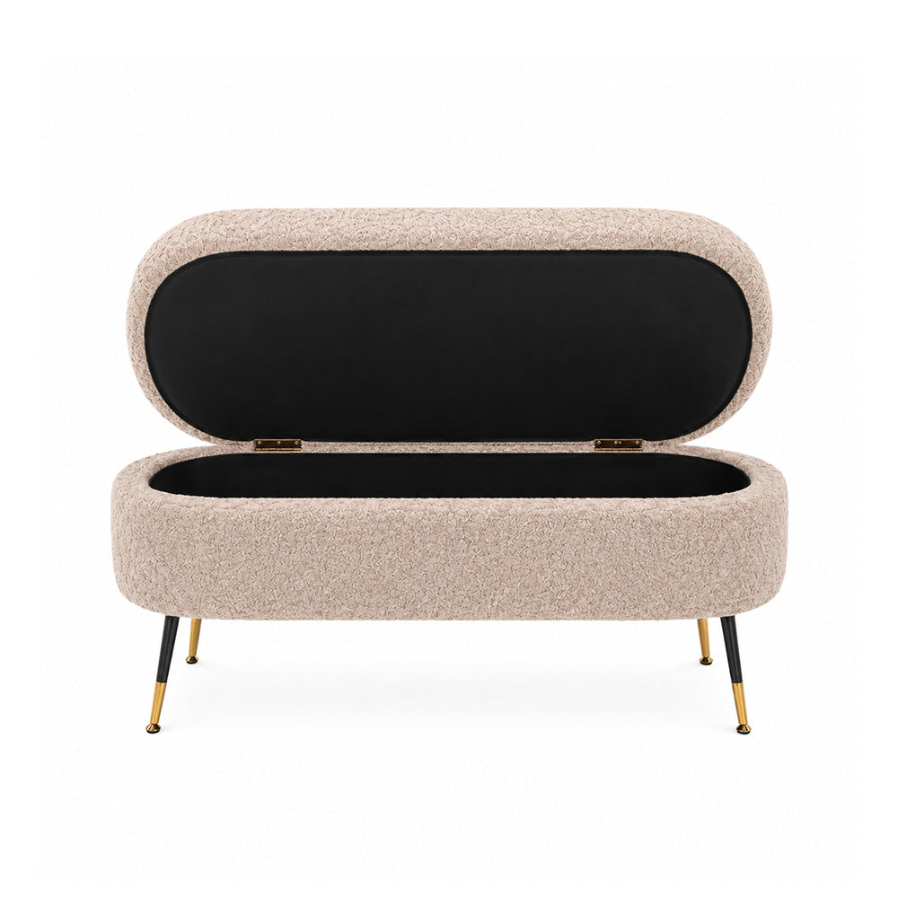 Beige Boucle Storage Bench with Gold-Tipped Legs