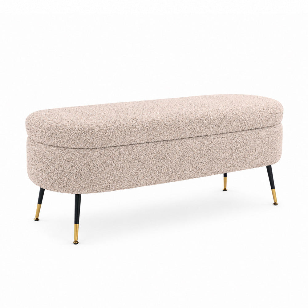 Beige Boucle Storage Bench with Gold-Tipped Legs