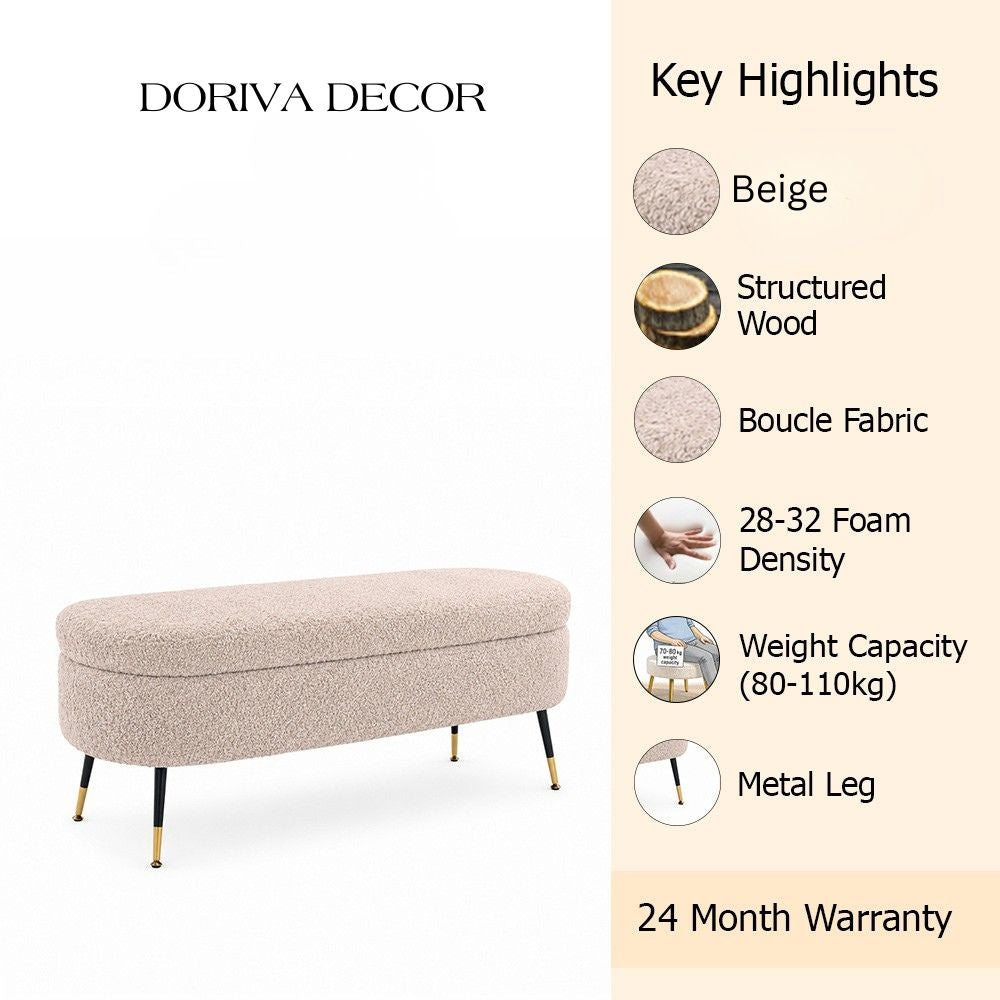 Beige Boucle Storage Bench with Gold-Tipped Legs