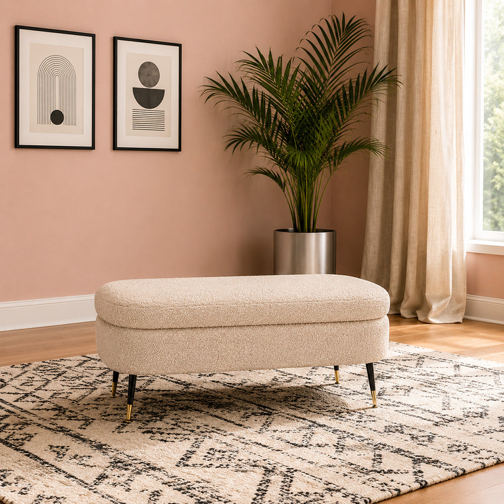 Beige Boucle Storage Bench with Gold-Tipped Legs