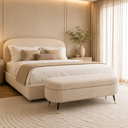 Beige Boucle Storage Bench with Gold-Tipped Legs