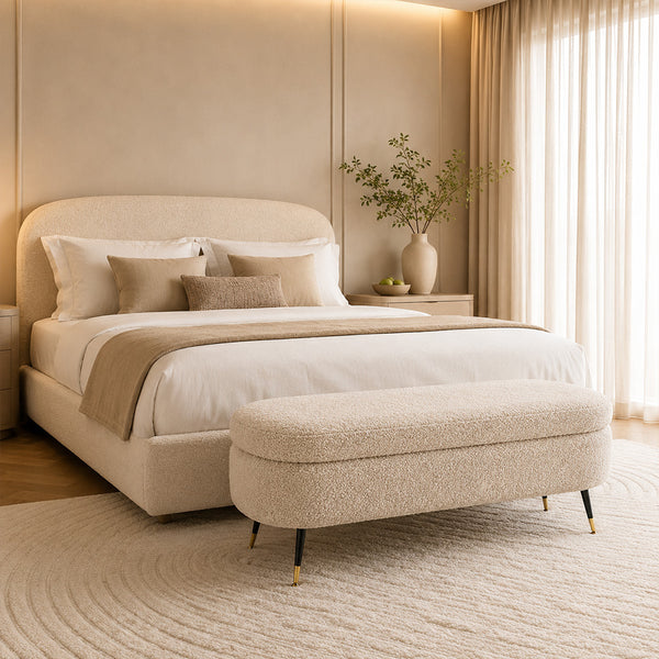 Beige Boucle Storage Bench with Gold-Tipped Legs