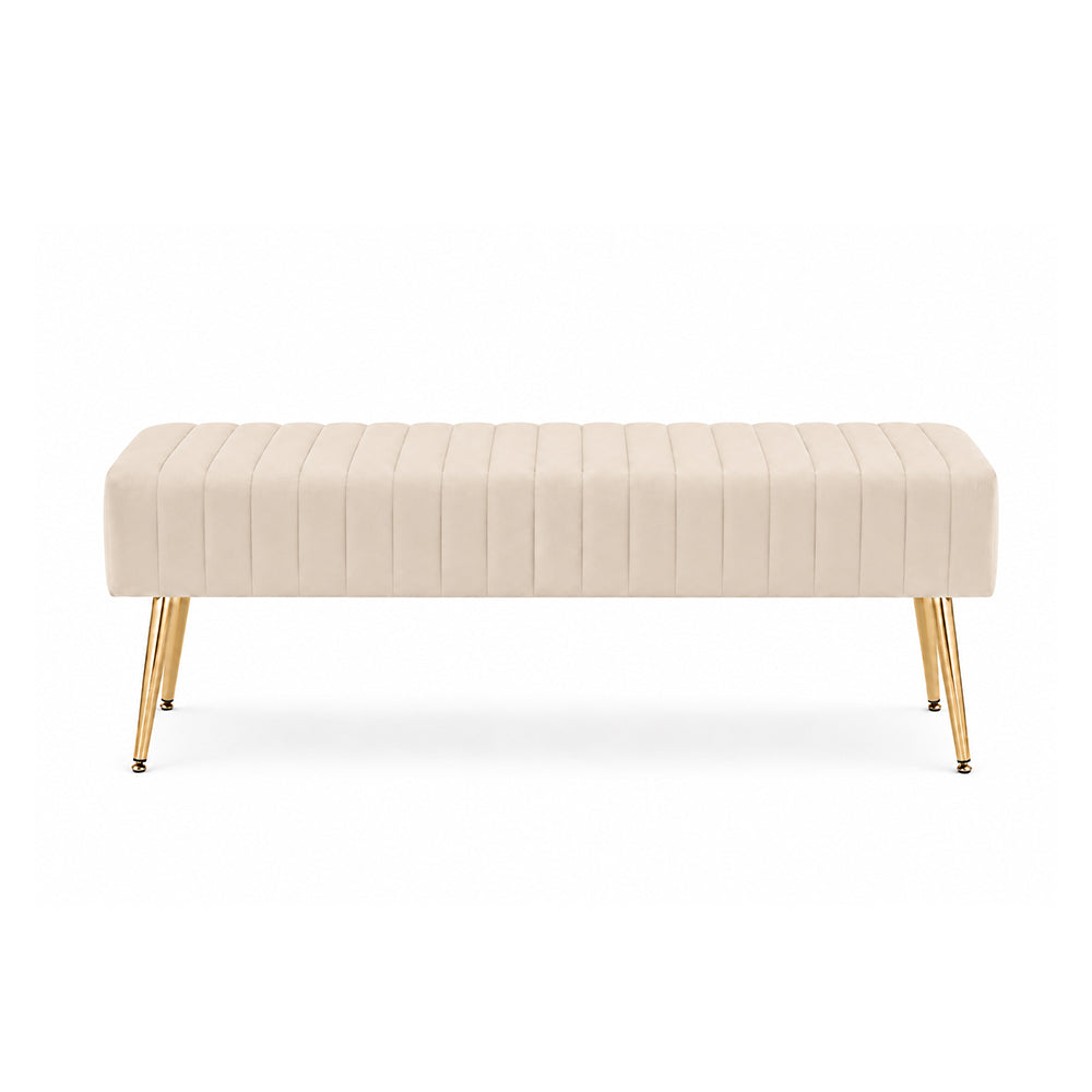 Beige Upholstered Bench with Channel Stitching & Gold Legs