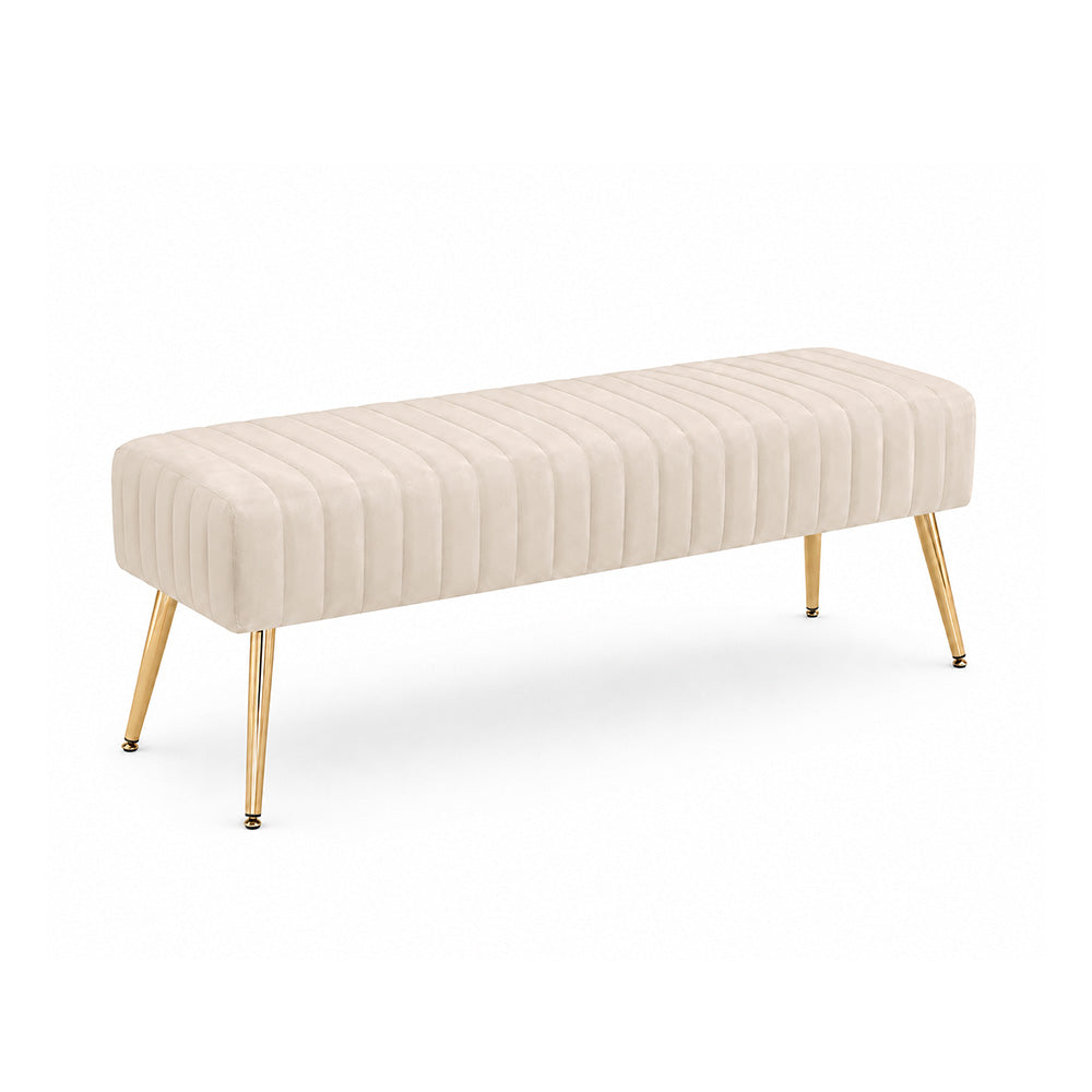 Beige Upholstered Bench with Channel Stitching & Gold Legs