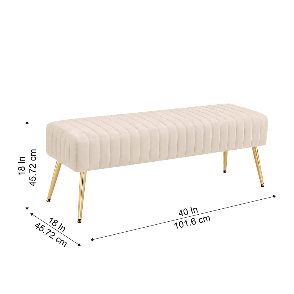 Beige Upholstered Bench with Channel Stitching & Gold Legs