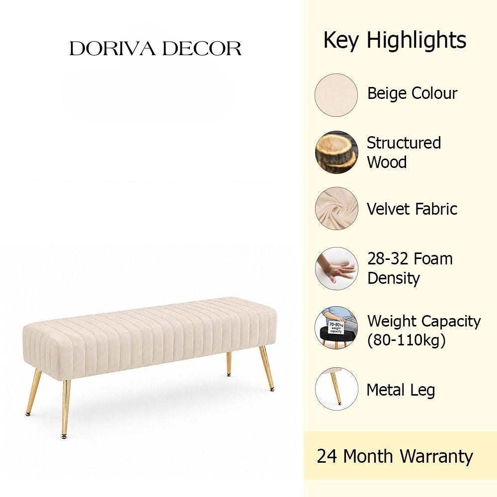 Beige Upholstered Bench with Channel Stitching & Gold Legs
