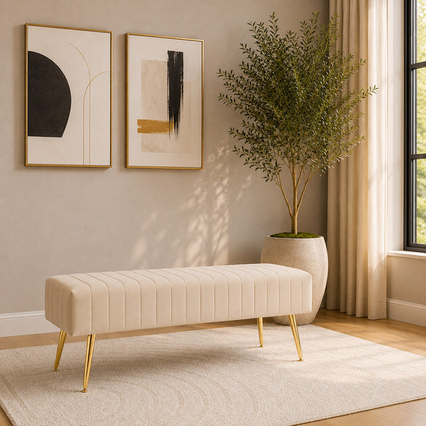 Beige Upholstered Bench with Channel Stitching & Gold Legs