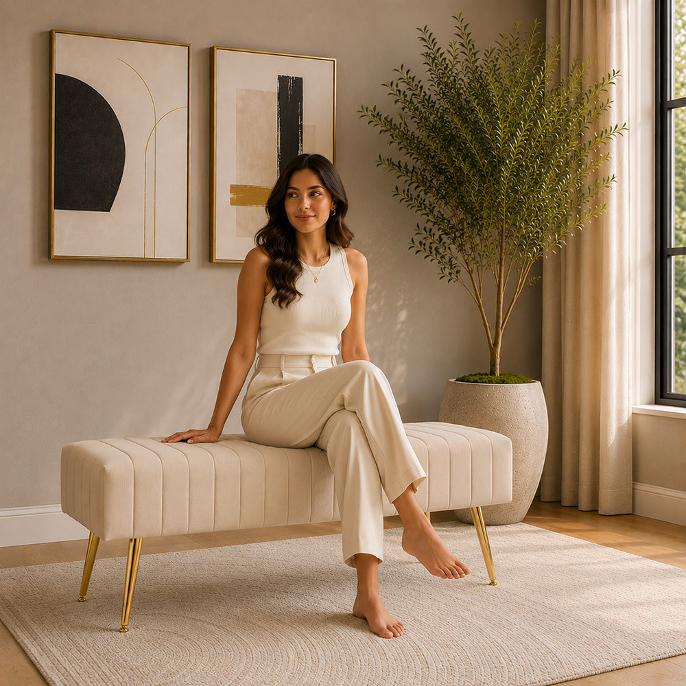 Beige Upholstered Bench with Channel Stitching & Gold Legs