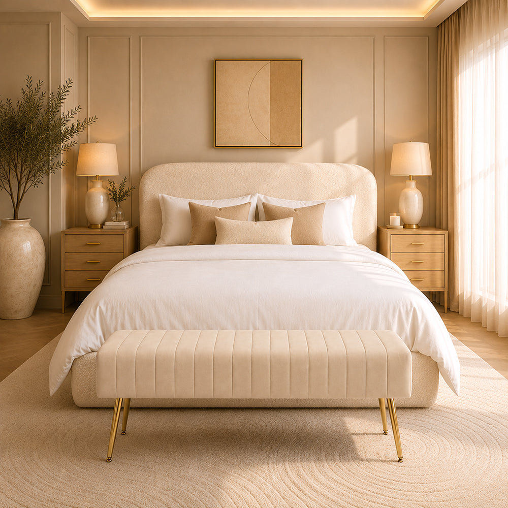 Beige Upholstered Bench with Channel Stitching & Gold Legs