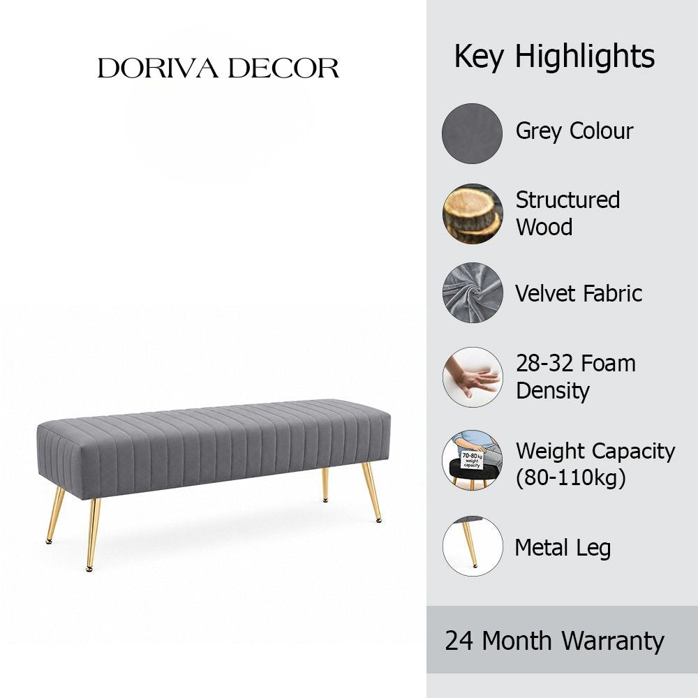 Grey Upholstered Bench with Channel Stitching & Gold Legs