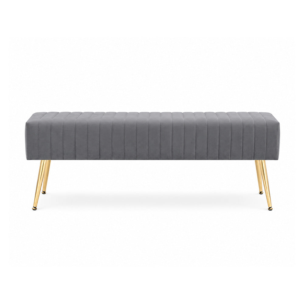 Grey Upholstered Bench with Channel Stitching & Gold Legs