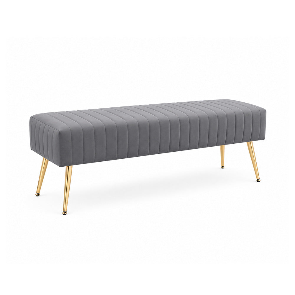 Grey Upholstered Bench with Channel Stitching & Gold Legs